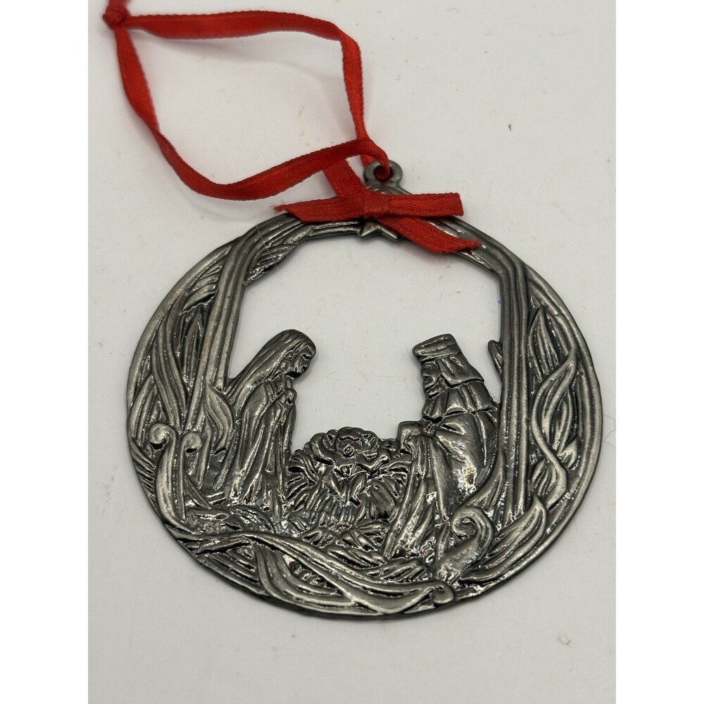Pewter Nativity Christmas Ornament Mary Joseph Baby Jesus Wreath